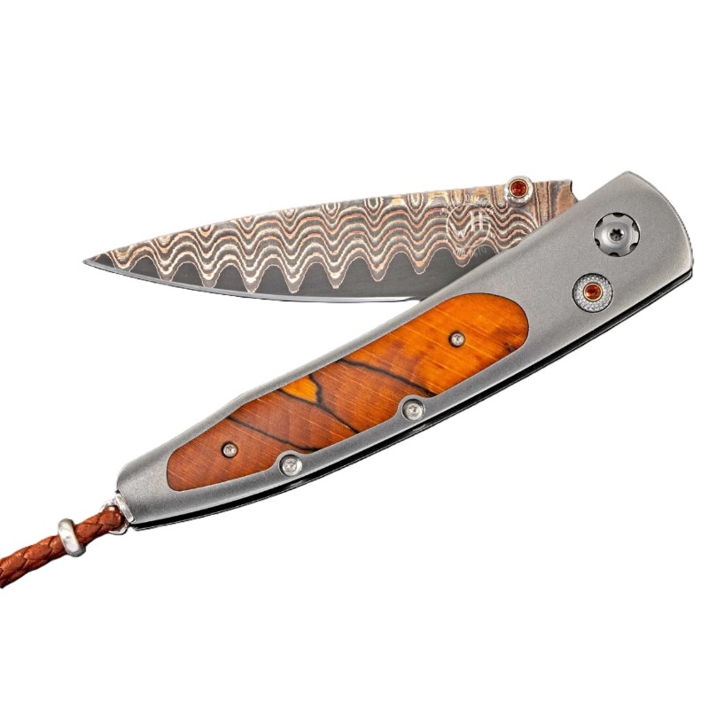 William Henry Limited Edition Titanium Pocket Knife Featuring Beech Wood And Copper Wave Damascus Blade